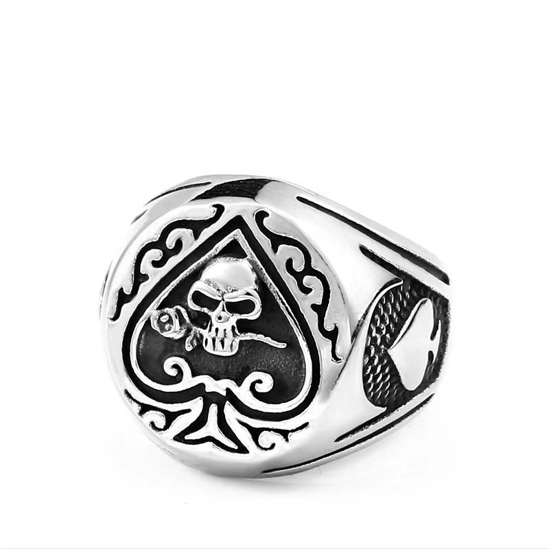 Gothic Spade Skull Rose Relief Ring