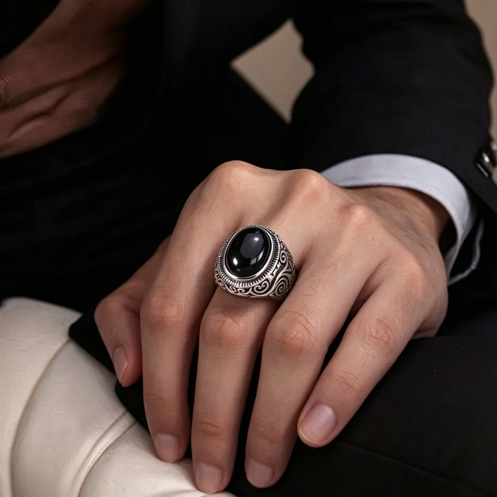 Vintage Carved Signet Ring With Oval Gemstone