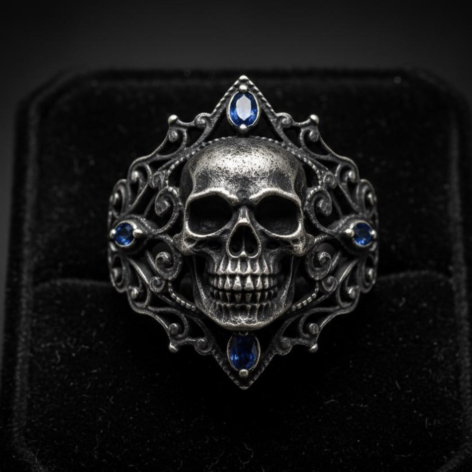 Antique Black Metal Gothic Skull Sapphire Ring