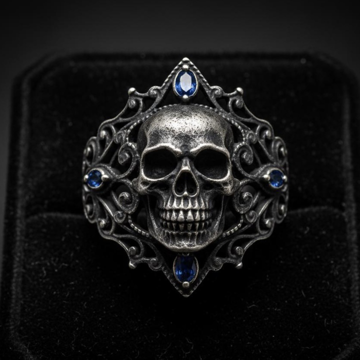 Antique Black Metal Gothic Skull Sapphire Ring