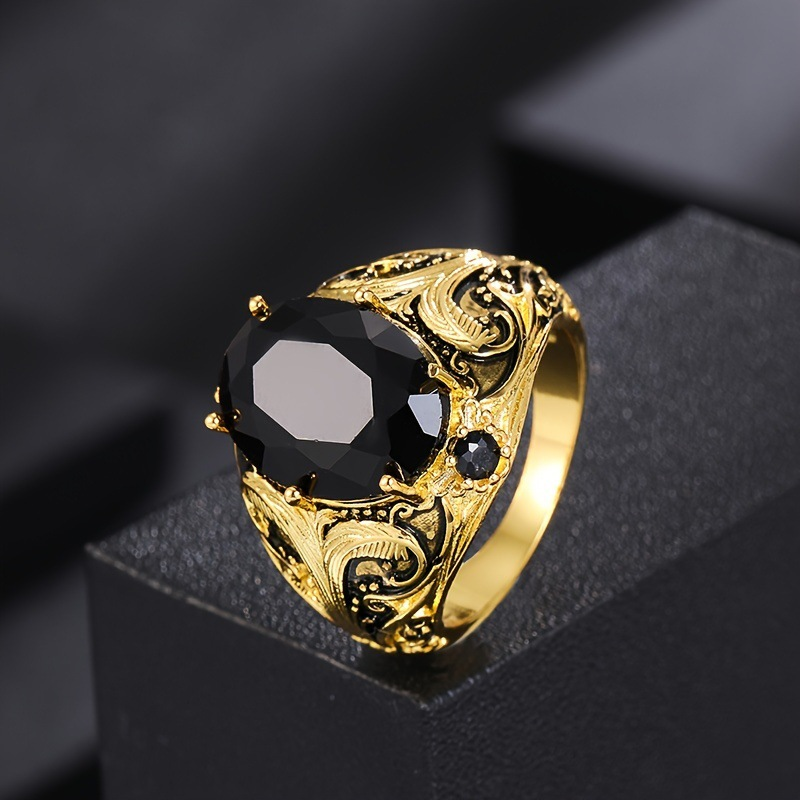 Vintage Engraved Gold Tone Oval Black Gem Statement Ring