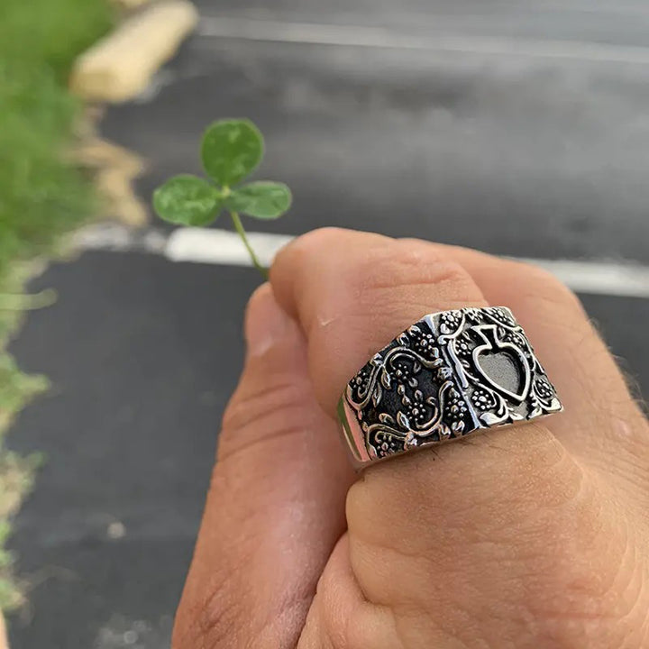 Floral Engraved Spade Symbol Statement Biker Signet Ring