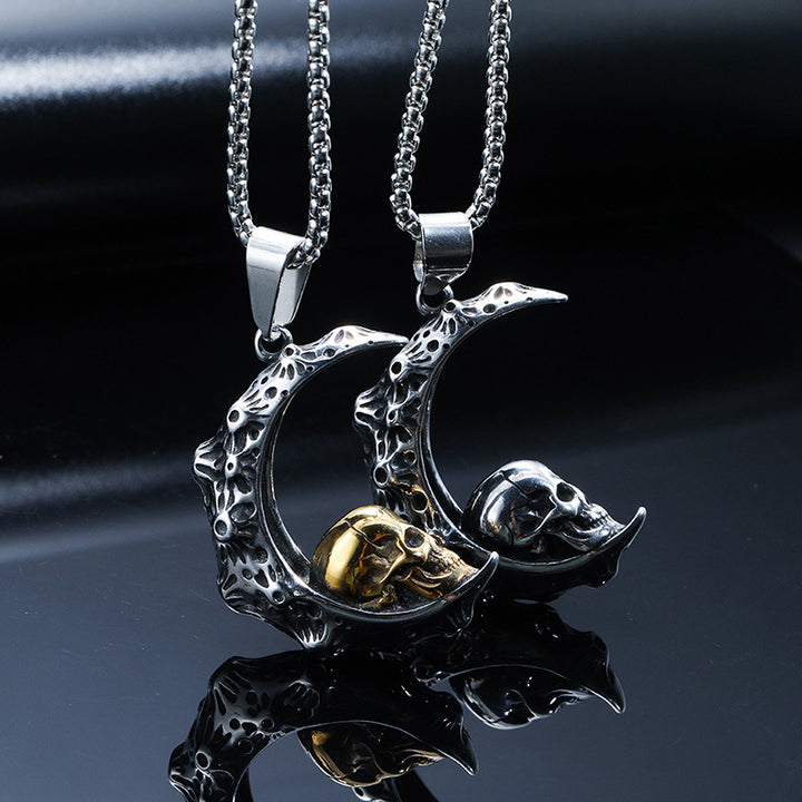 Trendy Vintage Crescent Skull Stainless Steel Titanium Necklace
