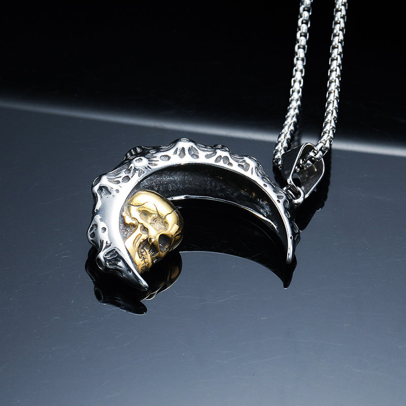 Trendy Vintage Crescent Skull Stainless Steel Titanium Necklace