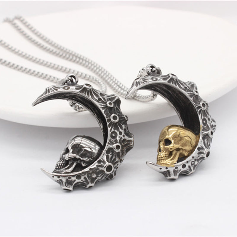 Trendy Vintage Crescent Skull Stainless Steel Titanium Necklace