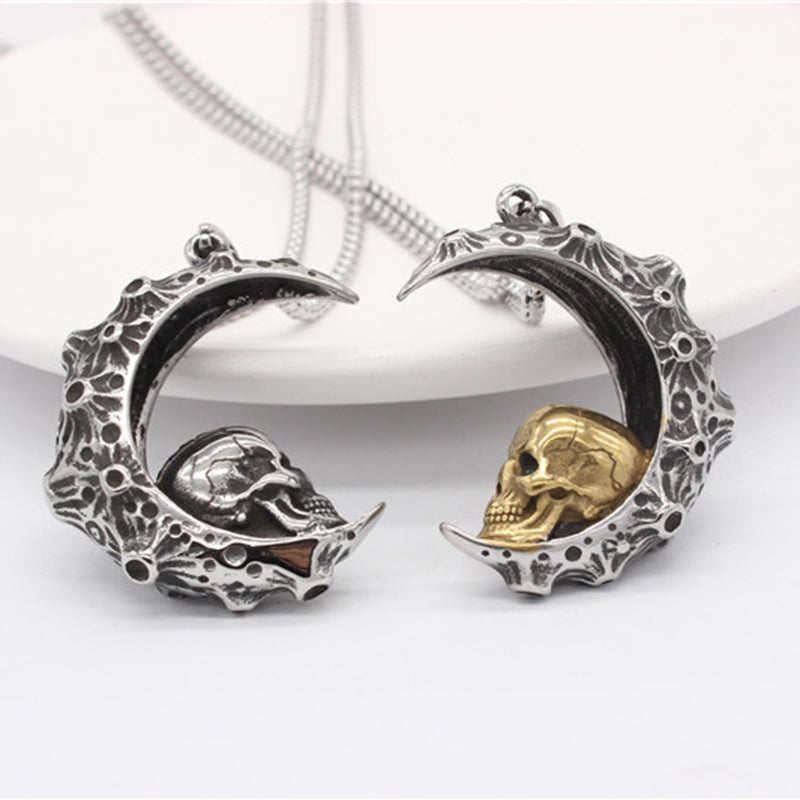 Trendy Vintage Crescent Skull Stainless Steel Titanium Necklace
