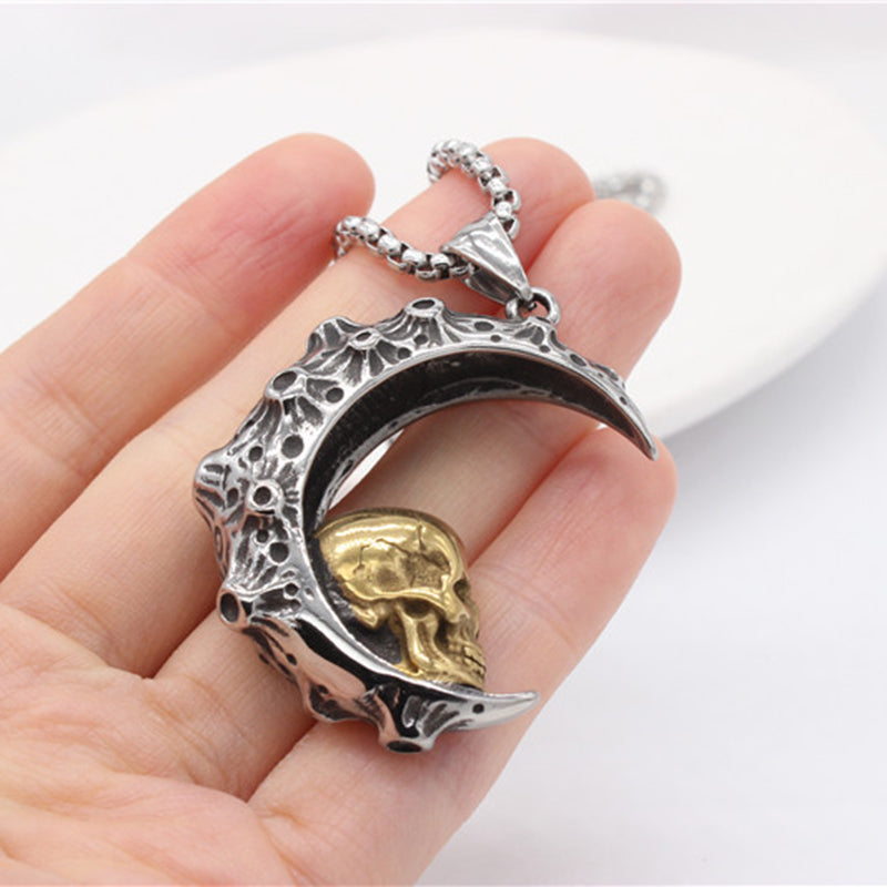 Trendy Vintage Crescent Skull Stainless Steel Titanium Necklace