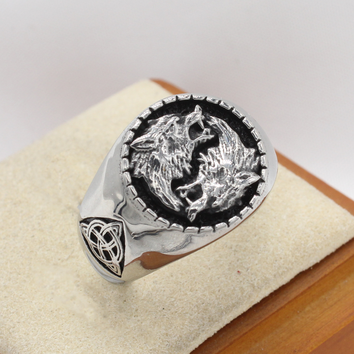 Celtic Twin Wolves Biker Signet Ring