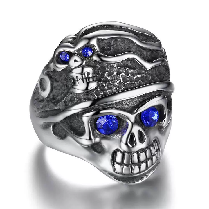 Pirate Double Skull Blue Gem Statement Ring