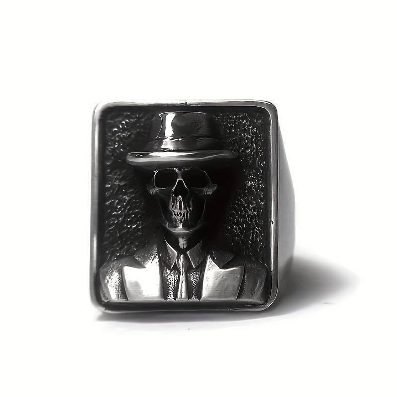 Vintage Dressed Gentleman Skull Fedora Suit Carved Signet Ring