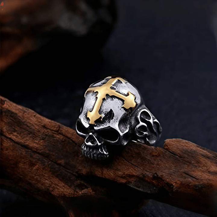 Cross Inlaid Skull Statement Ring