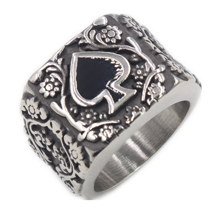 Floral Engraved Spade Symbol Statement Biker Signet Ring