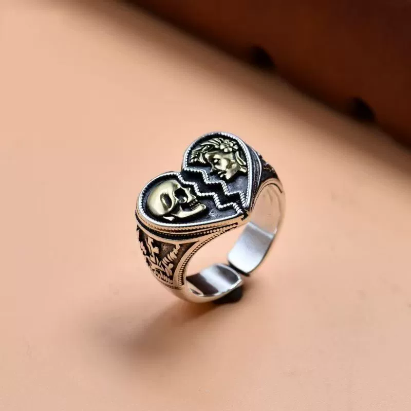 Two-Tone Split Heart Skull &amp; Woman Gothic Adjustable Ring