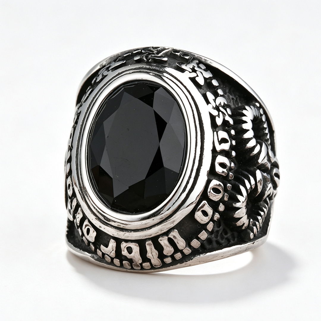 Gothic Skull Engraved Gem Set Mens Biker Signet Ring