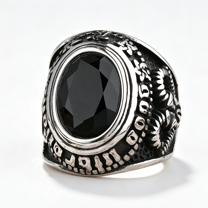 Gothic Skull Engraved Gem Set Mens Biker Signet Ring