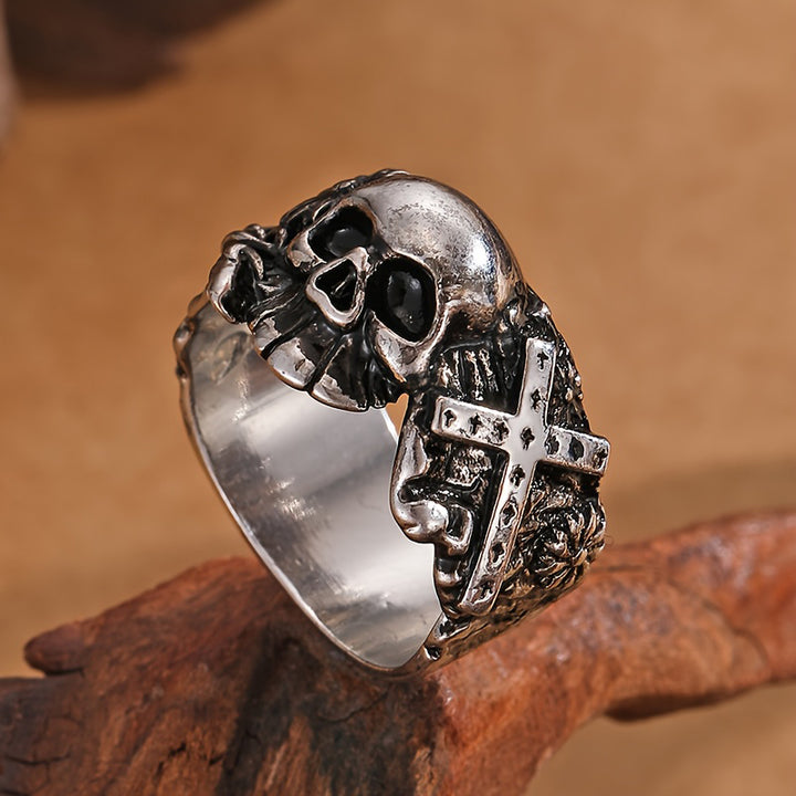 Gothic Skull Cross Floral Vintage Dark Punk Statement Band Ring