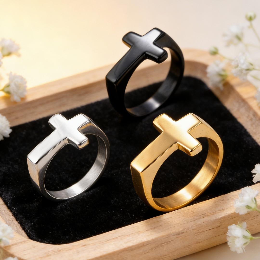Bold Minimal Cross Statement Band Ring