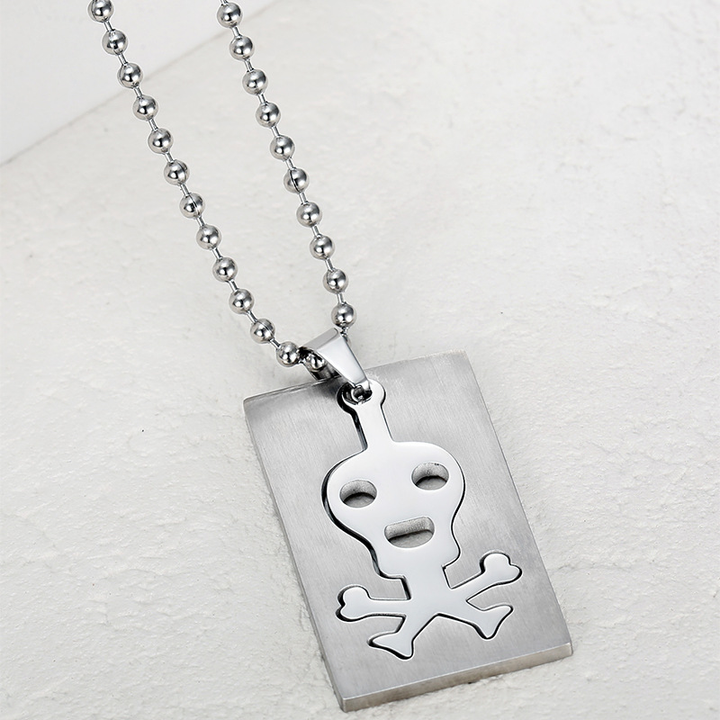 Skull Crossbones Dog Tag Ball Chain Necklace
