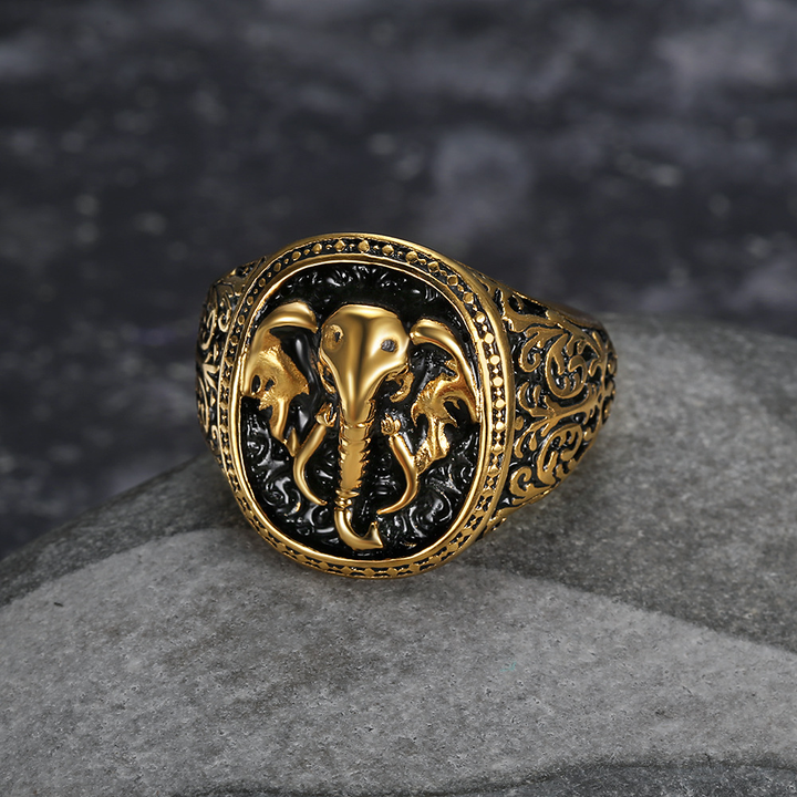 Vintage Engraved Elephant Totem Signet Statement Ring