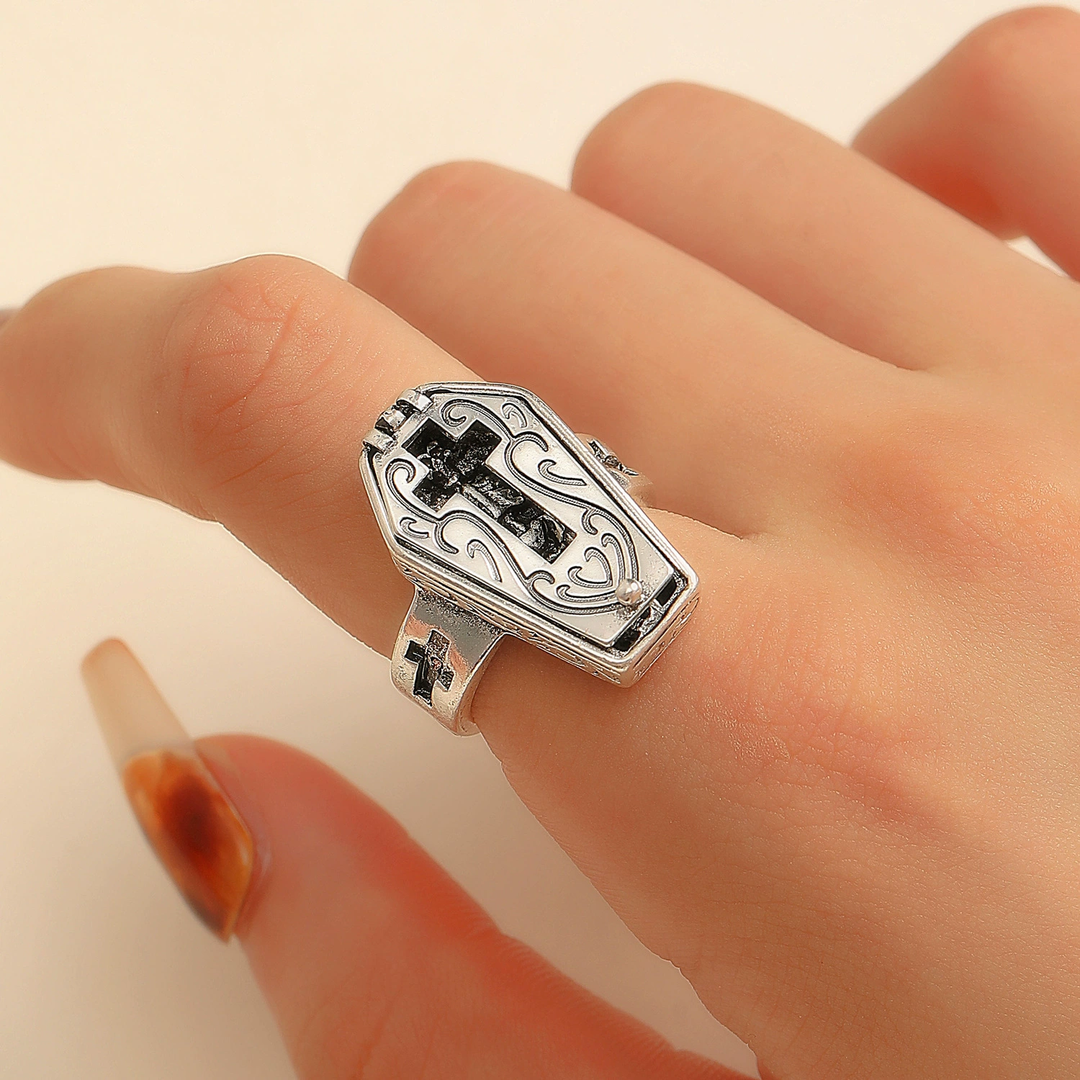 Retro Cross Engraved Coffin Ring
