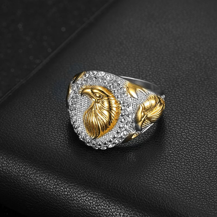 Embossed Eagle Head Crystal Border Men Signet Ring