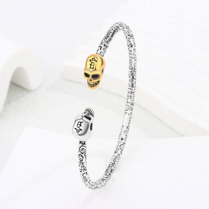 Dual Skull Open Cuff Bangle Bracelet