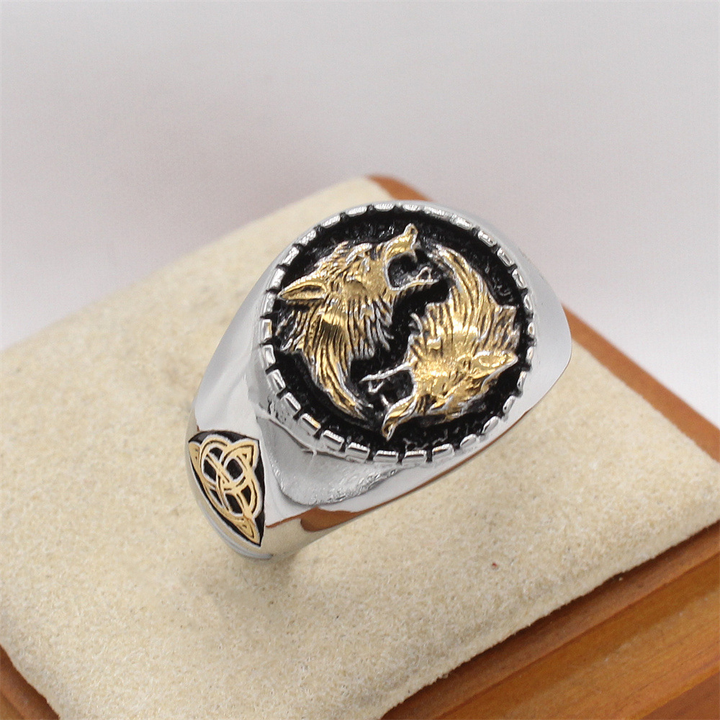 Celtic Twin Wolves Biker Signet Ring