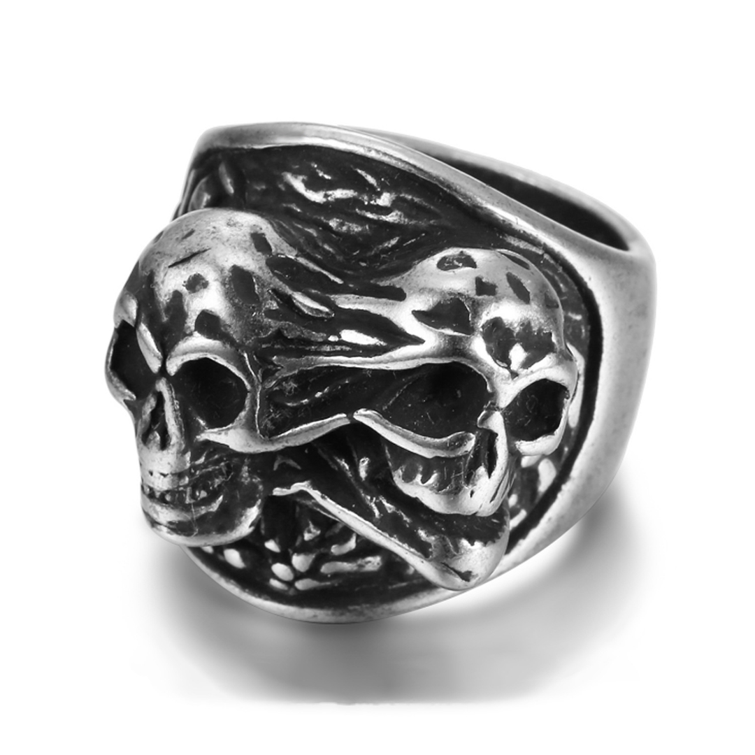 Mens Double Skull Ring Gothic Biker Statement Finger Jewelry