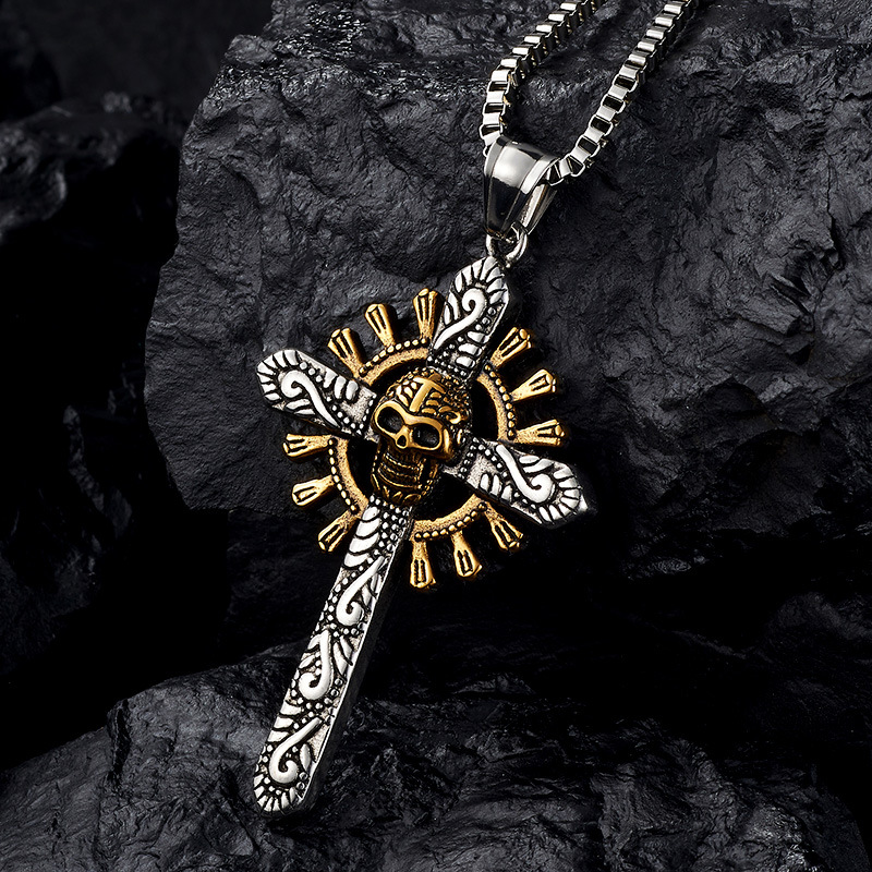 Vintage Skull Cross Pendant Necklace Stainless Steel