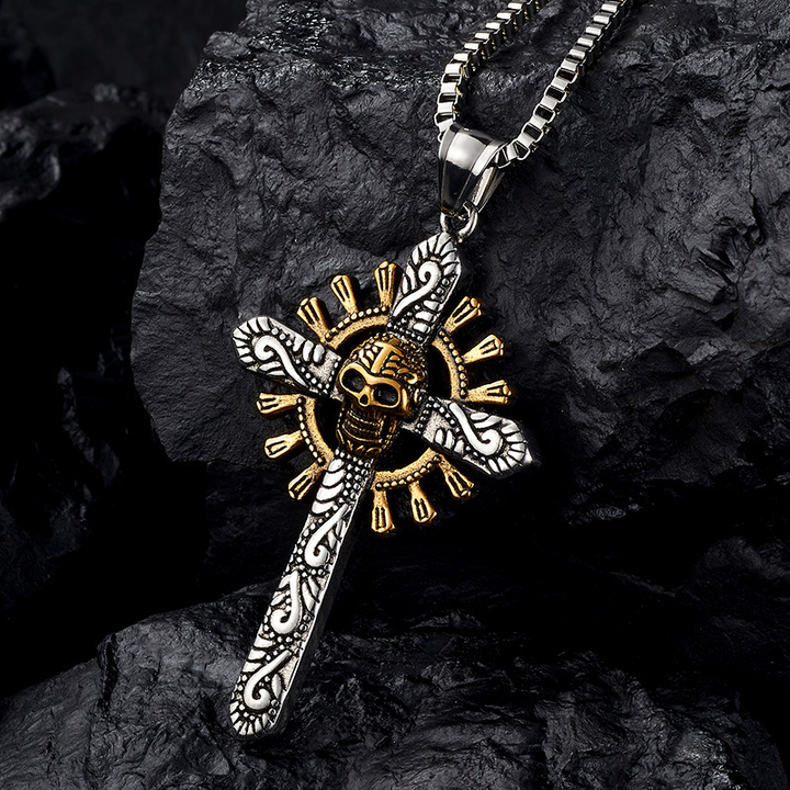 Vintage Skull Cross Pendant Necklace Stainless Steel