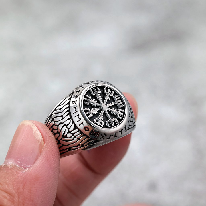Vintage Viking Compass Rune Signet Ring for Men