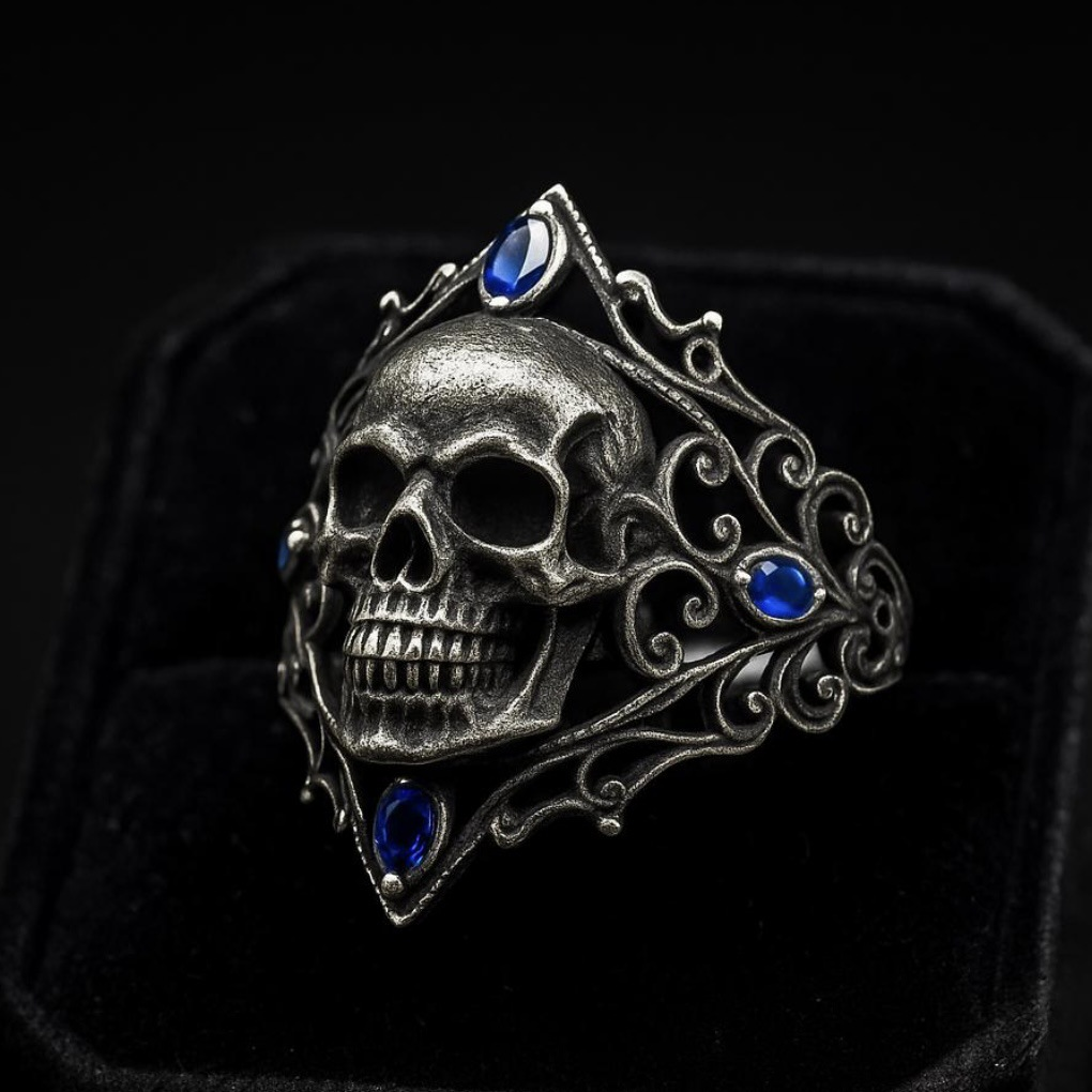 Antique Black Metal Gothic Skull Sapphire Ring