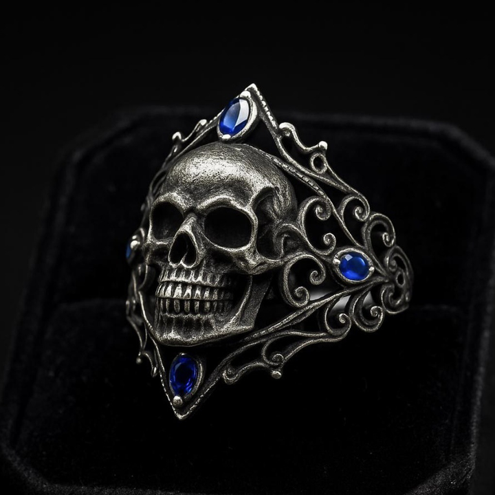 Antique Black Metal Gothic Skull Sapphire Ring