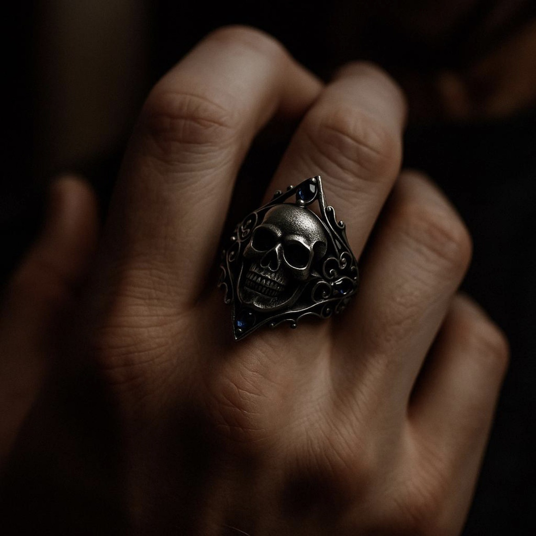 Antique Black Metal Gothic Skull Sapphire Ring