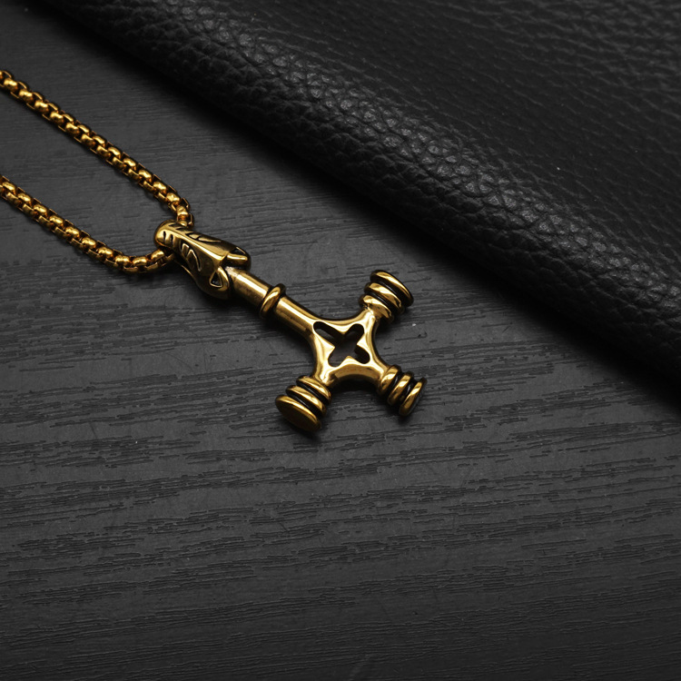 Viking Wolf Head Cross Pendant Necklace