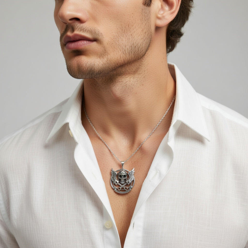Winged Skull Biker Necklace