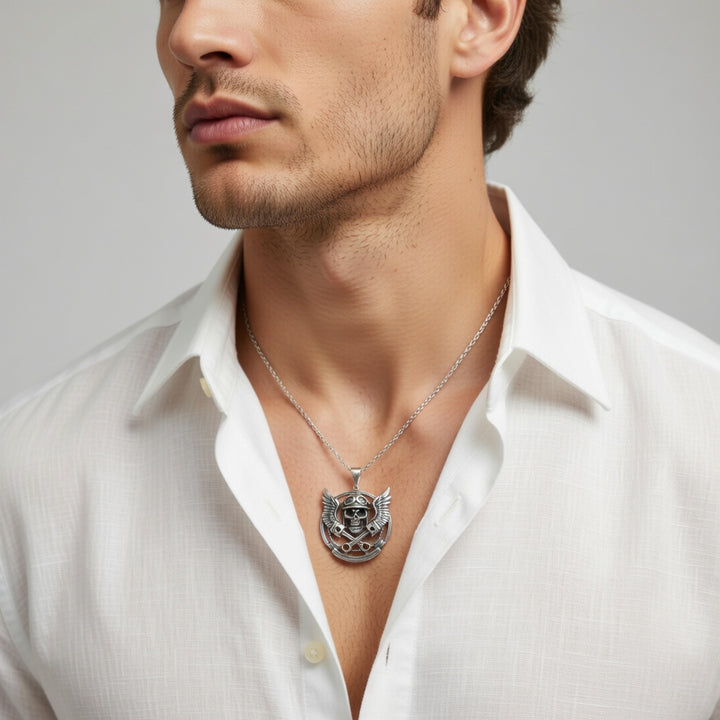 Winged Skull Biker Necklace