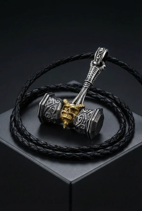 Retro Norway Viking Skull Hammer Charm Necklace