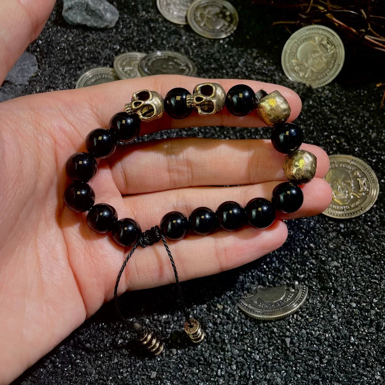 Black Onyx Beaded Skull Bracelet