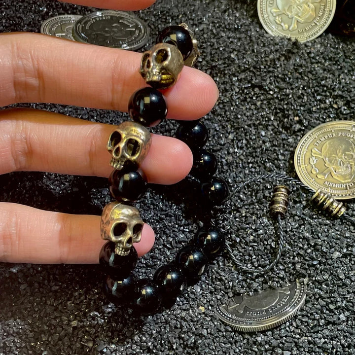 Black Onyx Beaded Skull Bracelet