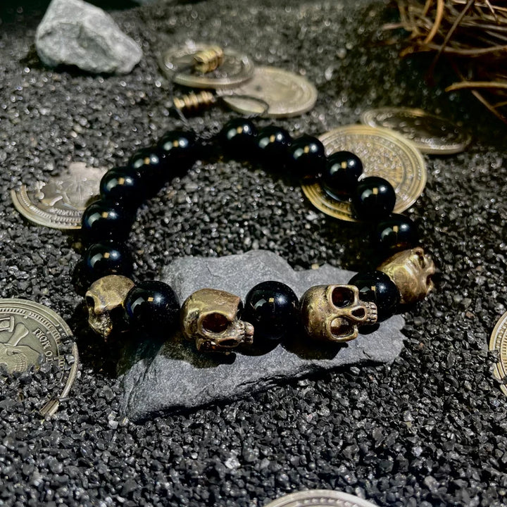 Black Onyx Beaded Skull Bracelet