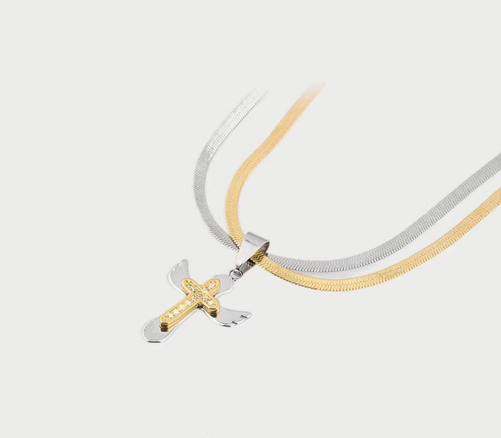 Double layer snake bone cross necklace
